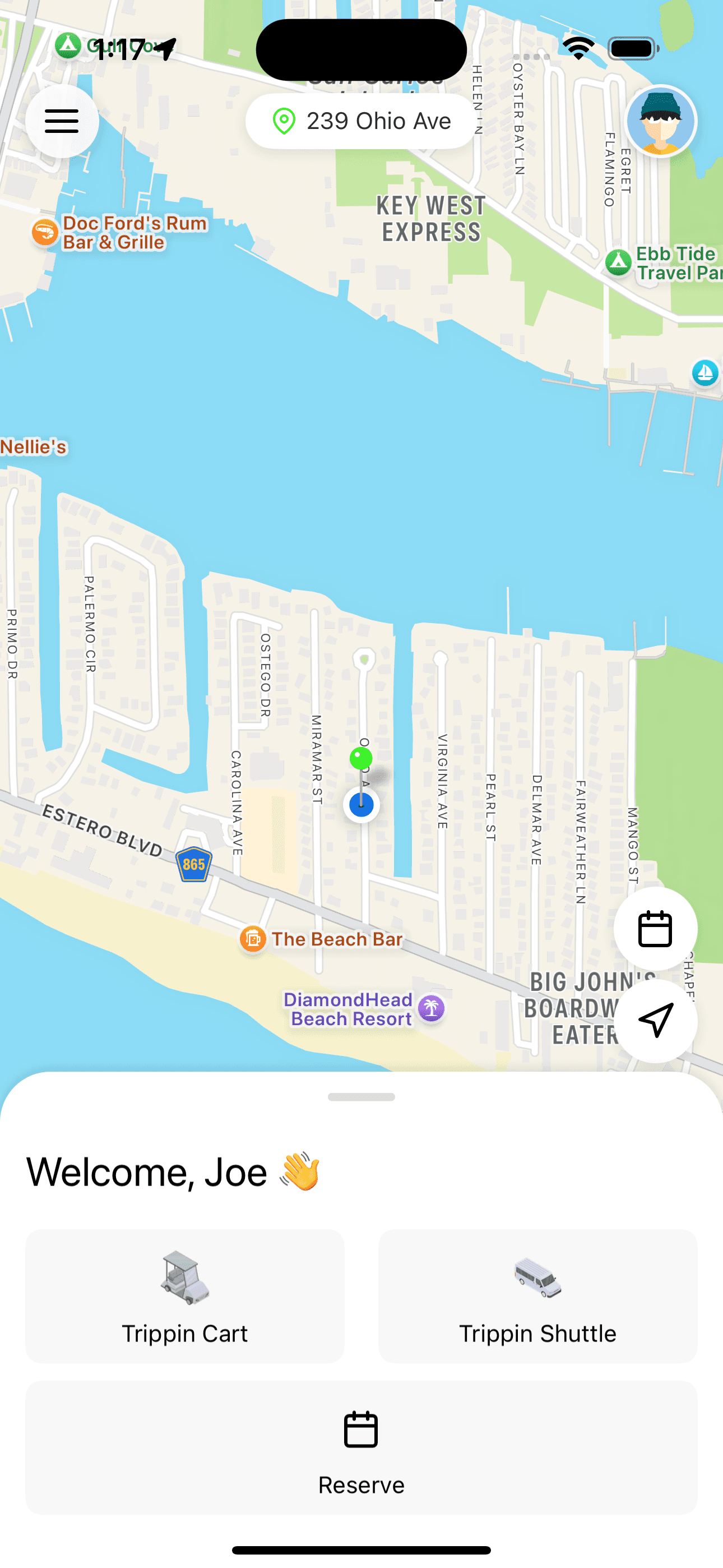Trippin Rides app map of Fort Myers Beach
